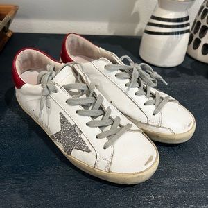 Golden Goose Super-Star Sneaker In White Leather With Silver-Glitter Star